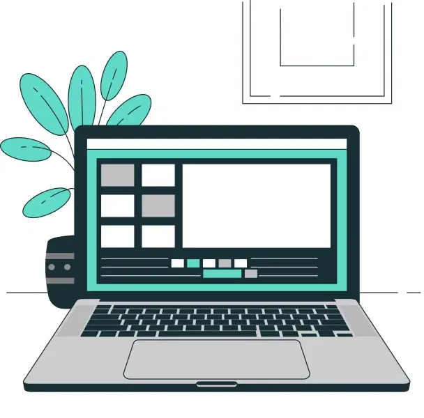 Illustration of a laptop showing a library catalogue, with a plant beside it