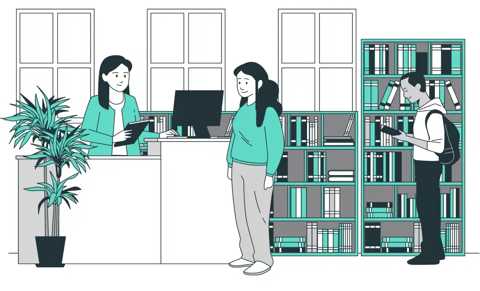 Illustration of two librarians at a service desk while a reader browses the shelves