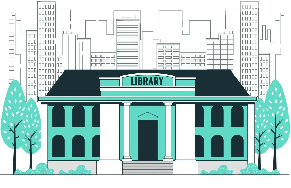 Illustration of a library building with trees in front and a city skyline behind