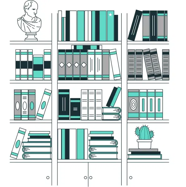 Illustration of library shelves holding books, a bust and a potted plant
